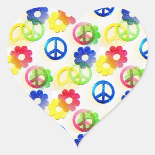 Groovy Hippie Peace Signs Flower Power Sparkles Heart Sticker