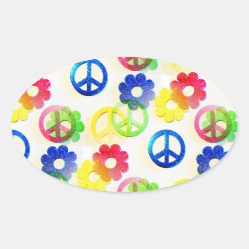 Groovy Hippie Peace Signs Flower Power Sparkles Oval Sticker