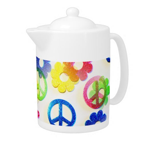 Groovy Hippie Peace Signs Flower Power Sparkles Teapot