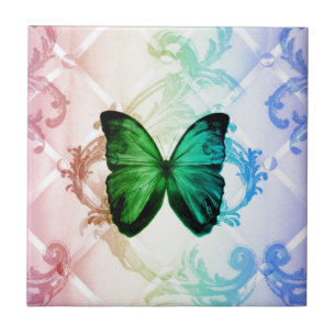 Groovy Hippie rainbow boho teal green butterfly Ceramic Tile