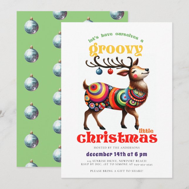Groovy Hippie Reindeer Disco Funny Christmas Party Invitation (Front/Back)