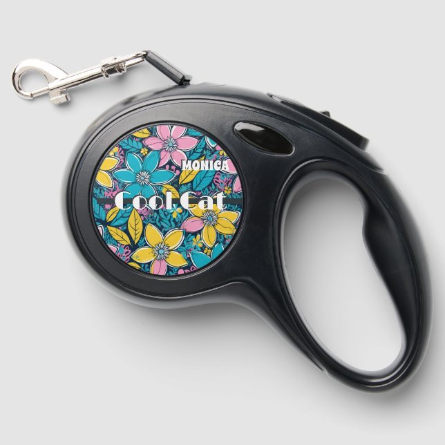 Groovy Hippie Retro Flowers Bright Cool Cat Retractable Pet Leash (Front)