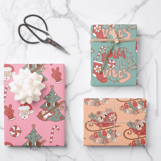 Groovy Hippie Rockin Christmas Tree Vibes Wrapping Paper Sheets (Front)