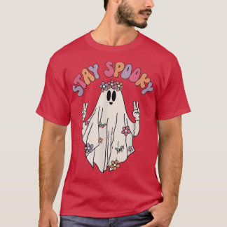 Groovy Hippie Stay Spooky Vibes Retro Floral Ghost T-Shirt