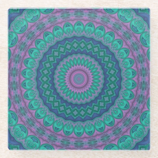 Groovy Hippie Trippy Colorful Jewel Tone Mandala Glass Coaster (Front)