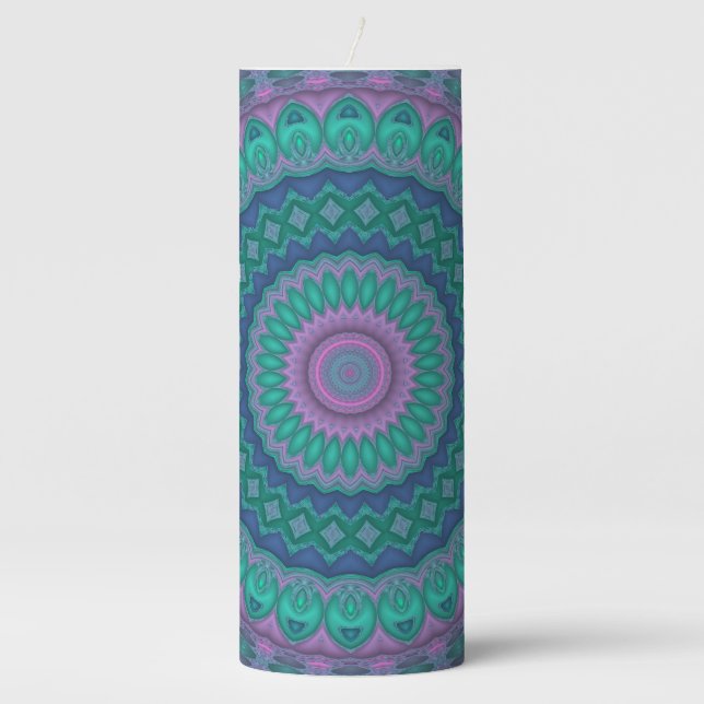 Groovy Hippie Trippy Colorful Jewel Tone Mandala Pillar Candle (Front)