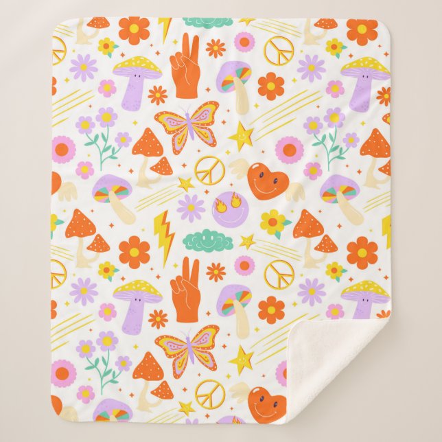 Groovy Hippie Trippy Retro Flower Funky Vibes Sherpa Blanket (Front)