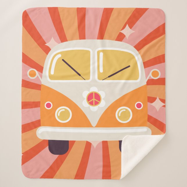 Groovy Hippie Van Pink & Orange 60s Retro Sherpa Blanket (Front)