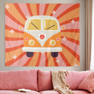 Groovy Hippie Van Pink & Orange 60s Retro Tapestry