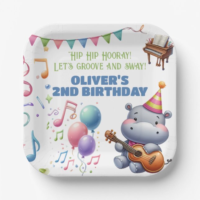 "Groovy Hippo Birthday Bash Bonanza!" Invitation Paper Plates (Front)