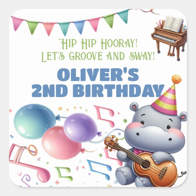 "Groovy Hippo Birthday Bash Bonanza!" Invitation Square Sticker (Front)