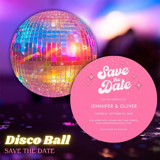Groovy Hot Pink Disco Ball Wedding Save the Date Invitation (Creator Uploaded)