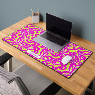 Groovy Hot Pink & Neon Yellow Damask Pattern Desk Mat