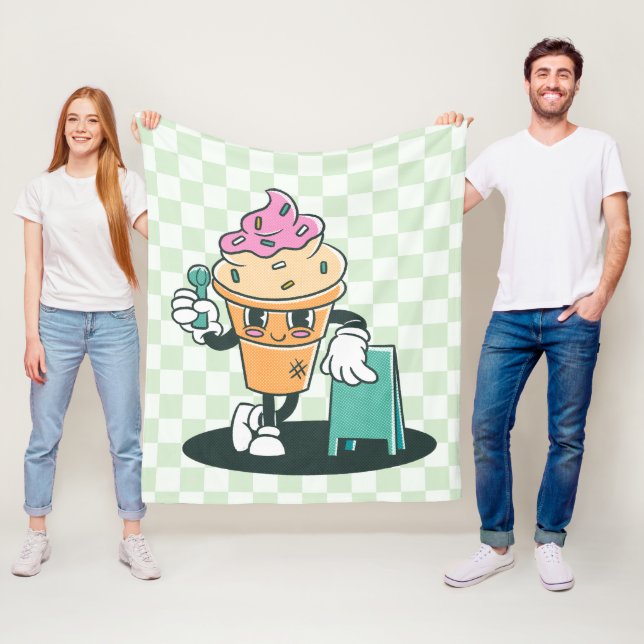 Groovy Ice Cream Cone 60s Retro Green Checkered Fleece Blanket (In Situ)