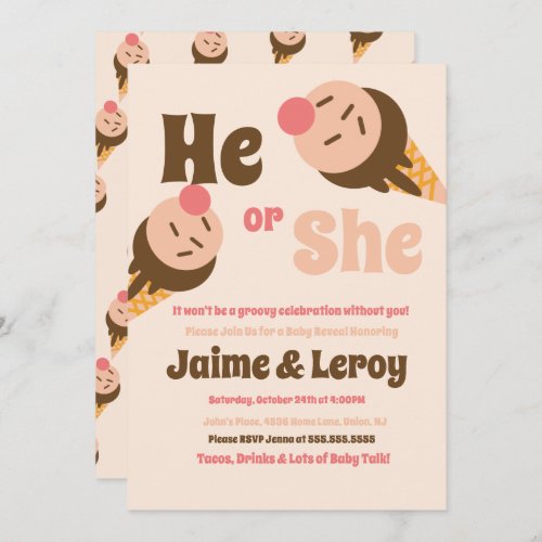 Groovy Ice Cream Cones Gender Reveal He or She Invitation