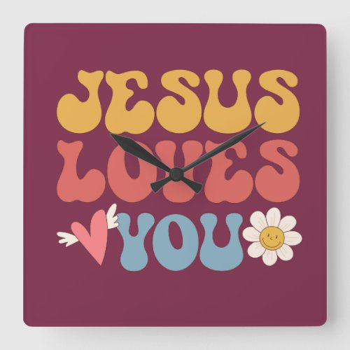 Groovy Jesus Loves You Christian 70s Hippie Square Wall Clock