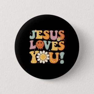 Groovy Jesus Loves You Kids Women Religious Faith  Button