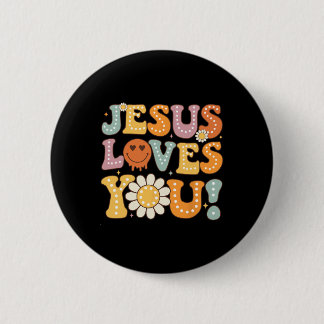 Groovy Jesus Loves You Kids Women Religious Faith Button