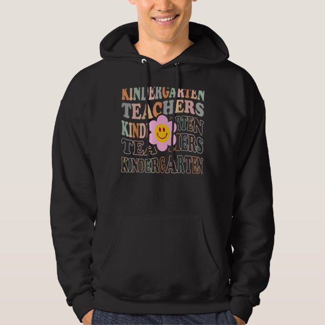 Groovy Kindergarten Vibes Retro Face Teachers Back Hoodie (Front)