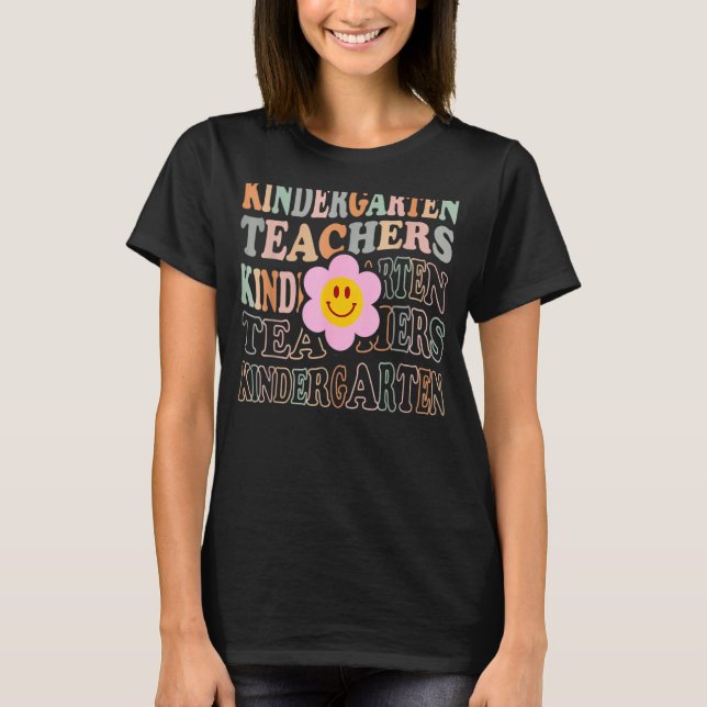 Groovy Kindergarten Vibes Retro Face Teachers Back T-Shirt (Front)