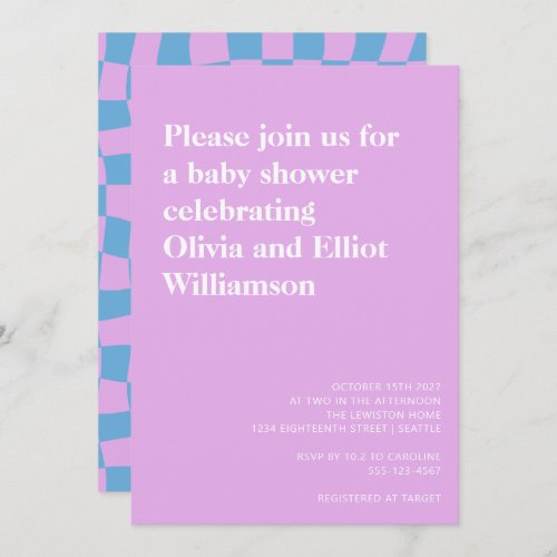 Groovy Lavender Checkerboard Cute Baby Shower Invitation
