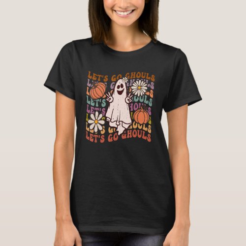 Groovy Lets Go Ghouls Floral Halloween Spooky Sea T_Shirt