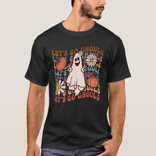 Groovy Lets Go Ghouls Floral Halloween Spooky Sea T_Shirt