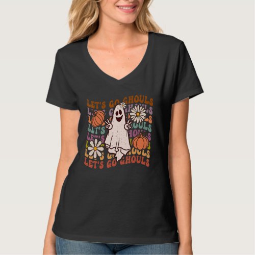 Groovy Lets Go Ghouls Floral Halloween Spooky Sea T_Shirt