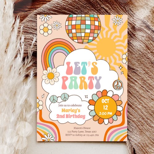 Groovy Lets Party Retro 70s Rainbow Birthday Invitation