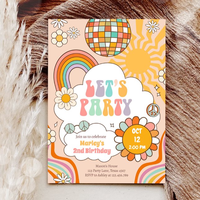 Groovy Let's Party Retro 70s Rainbow Birthday Invitation (Creator Uploaded)