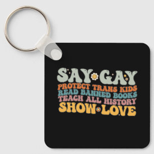 Groovy LGBT Say Gay Protect Trans Kids Read Books Keychain
