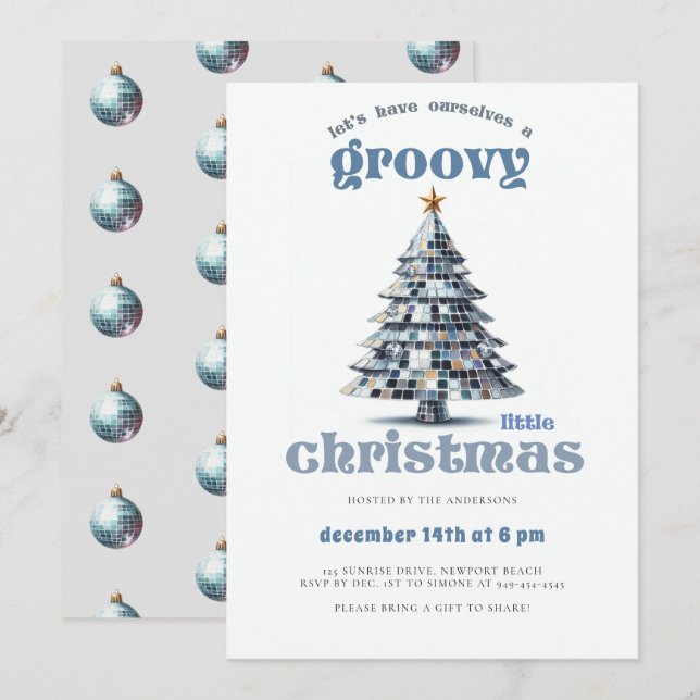 Groovy Little Christmas Disco Blue Christmas Party Invitation (Front/Back)