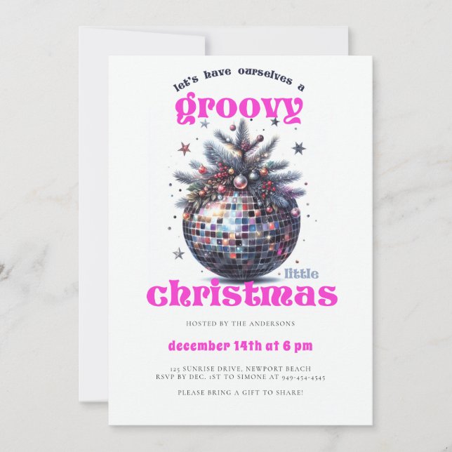 Groovy Little Christmas Disco Pink Christmas Party Invitation (Front)