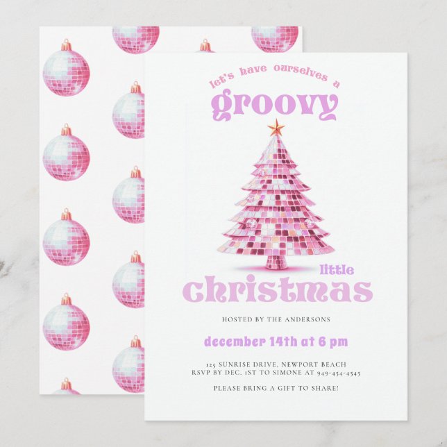 Groovy Little Christmas Disco Pink Christmas Party Invitation (Front/Back)