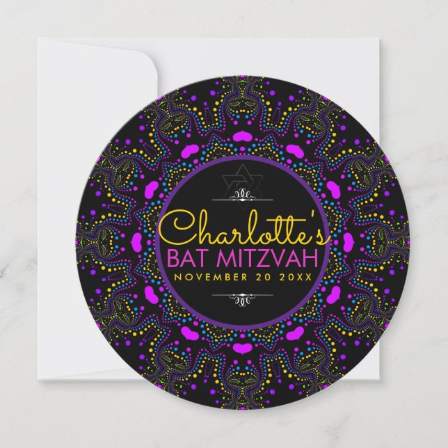 Groovy LOVE Boho Colorful Bat Mitzvah Round Invitation (Front)