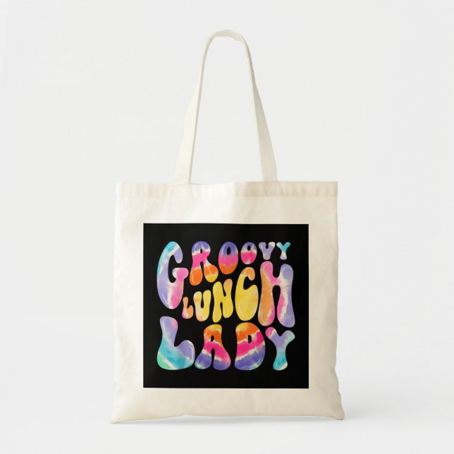 Groovy Lunch Lady, Retro Cafeteria Canteen Tie Dye Tote Bag (Front)