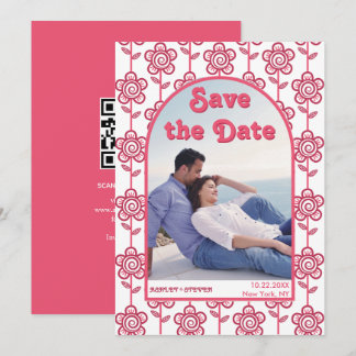 Groovy magenta and pink flowers 70s inspired photo save the date