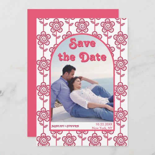 Groovy magenta and pink flowers 70s inspired photo save the date