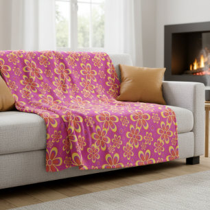 Groovy Magenta Purple Yellow Retro Flower Pattern Fleece Blanket