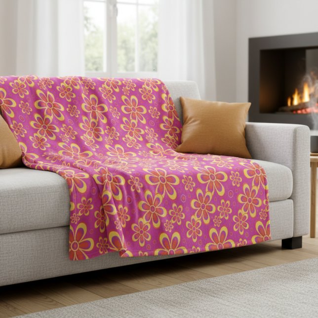 Groovy Magenta Purple Yellow Retro Flower Pattern Fleece Blanket (Creator Uploaded)