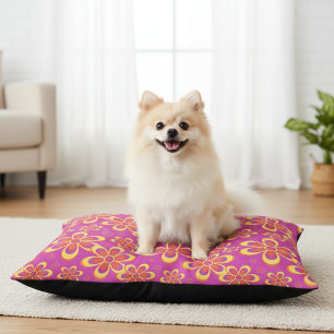 Groovy Magenta Purple Yellow Retro Flower Pattern Pet Bed