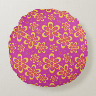 Groovy Magenta Purple Yellow Retro Flower Pattern Round Pillow