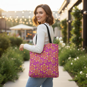 Groovy Magenta Purple Yellow Retro Flower Pattern Tote Bag