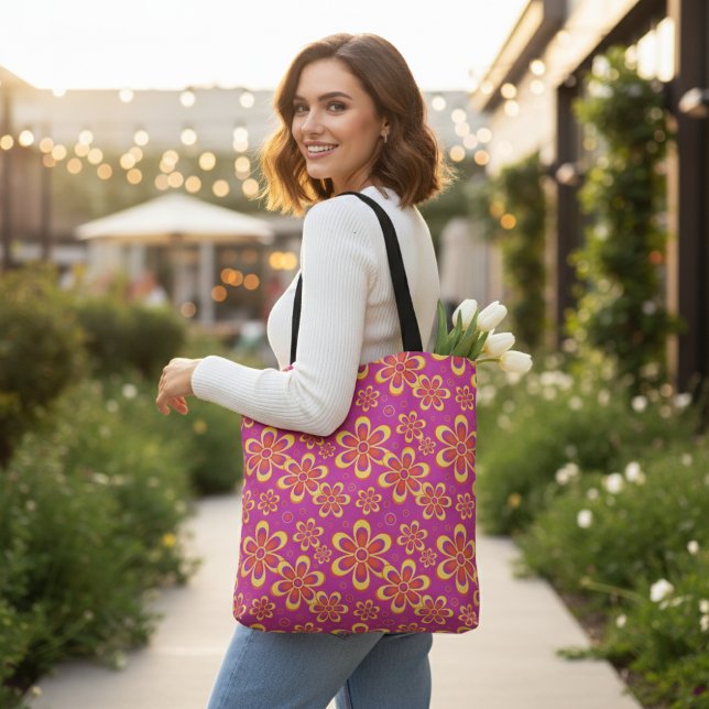 Groovy Magenta Purple Yellow Retro Flower Pattern Tote Bag (Creator Uploaded)