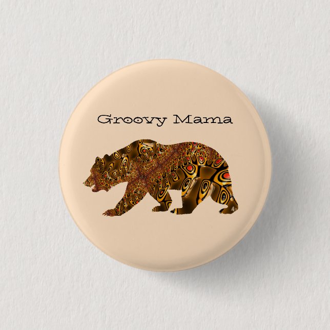 Groovy Mama Bear Fractal Art Silhouette Typography Button (Front)