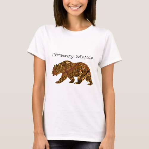 Groovy Mama Bear Fractal Silhouette Typography Art T_Shirt