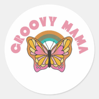 Groovy mama retro butterfly design classic round sticker