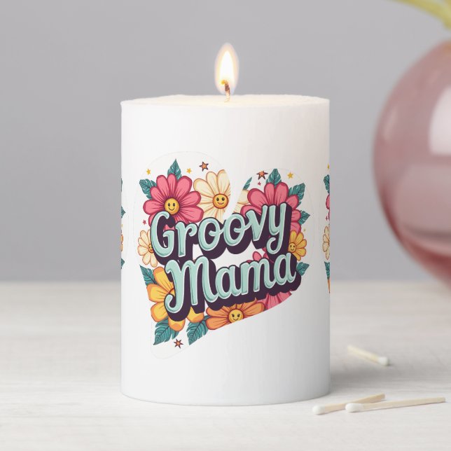 Groovy Mama Retro Floral 70s Aesthetic Design Pillar Candle (In Situ)