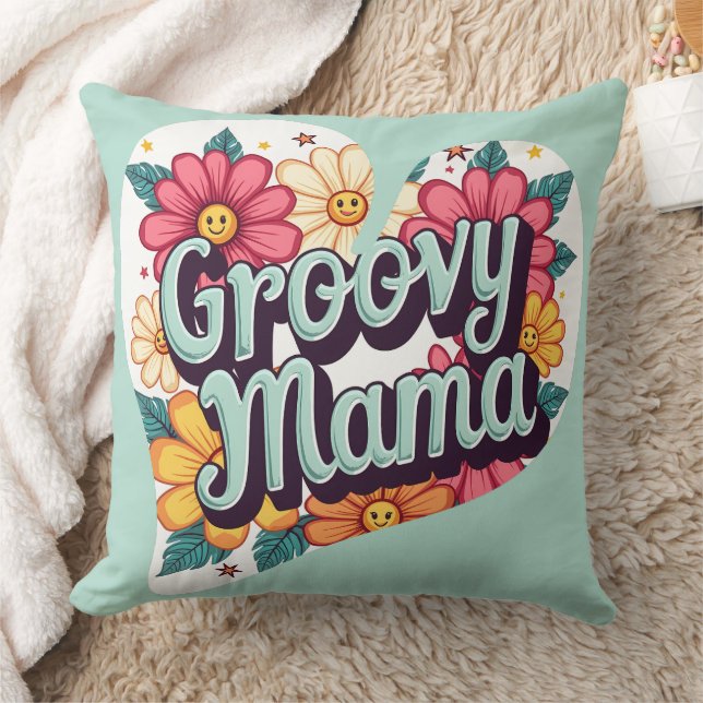 Groovy Mama Retro Floral 70s Aesthetic Design Throw Pillow (Blanket)