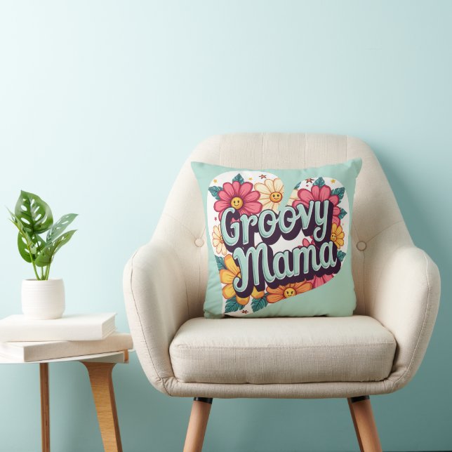 Groovy Mama Retro Floral 70s Aesthetic Design Throw Pillow (Chair)
